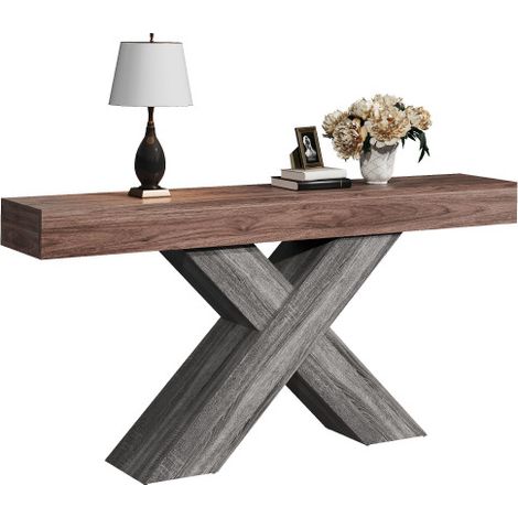Console pieds en X finition noyer, table étroite 140cm couloir salon