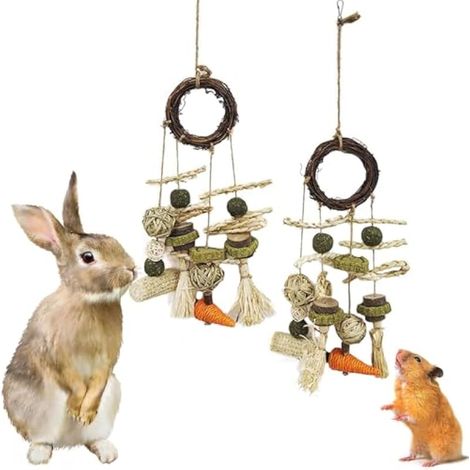 Lot de 2 jouets à mâcher en forme de lapin pour les dents, jouet à mâcher en forme de lapin, jouet à suspendre en rotin, jouet molaire pour rongeur, hamster, chinchilla, rat, gerbille (1/5)