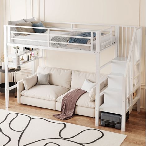 MEUBLIV Lit mezzanine 90x200 cm blanc – avec rangements, garde-corps, sans matelas (1/5)