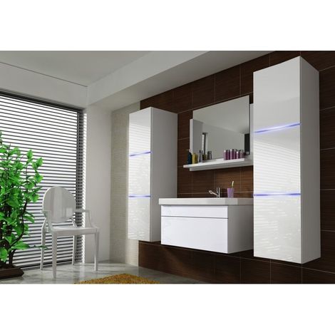 Badmöbelset in Weiß, Kollektion RAVEN. 2 Säulen, Spiegel, Unterschrank, Waschbecken 80 cm, Siphon und LEDs.