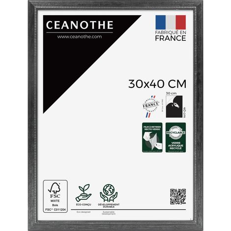Cadre Photo Noir 30x40 cm et 40x30 cm – Convient au A4 - Cadre Photo bois Noir FSC effet patiné - Cadre Photo Perle Noir 30x40 cm - Fabriqué en France - Verre acrylique Incassable