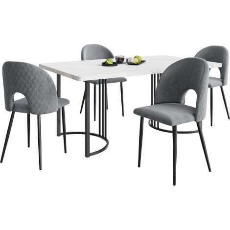 Table 140×80cm MDF blanc pieds noirs, 4 chaises gris velours motif diamant (1/5)