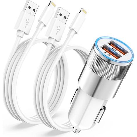 Chargeur Voiture iPhone avec 2x Câble Lightning [Certifié Apple MFi],Chargeur Allume Cigare USB Rapide 2.4A Adaptateur Prise Allume Cigare USB Chargeur Voiture pour iPhone 14 13 12 11 Pro Max/XS/X/8/7 (1/5)