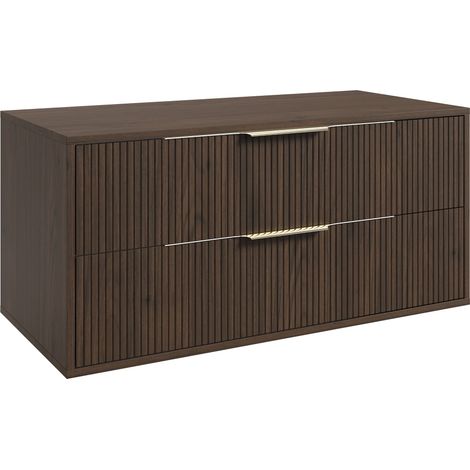 Badplaats – Meuble sous-vasque double suspendu 100 cm – Noyer brun – 2 tiroirs softclose – Plan de toilette inclus – Montage facile