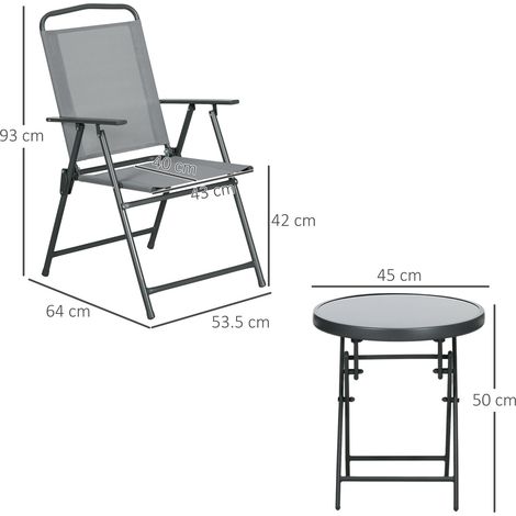 Cet ensemble de jardin 3 pièces se compose de deux chaises (53,5 x 64 x 93 cm) et d'une table basse (45 x 50 cm de diamètre), en métal gris clair. (1/5)