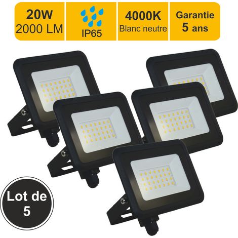 Lot de 5 projecteurs LED 20W/IP65/IK10/1800lm/4000K connexion directe - sans câble - garantie 5 ans