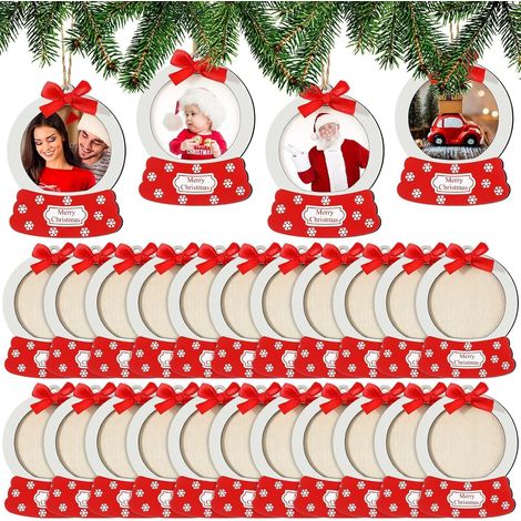 24 Pièces Ornements de Photo de Noël, 11CM Cadre Photo en Bois Décorations à Suspendre avec Nœud, Corde de Jute - pour Sapin Fenêtres Cheminée Vacances Fête Décoration (1/5)