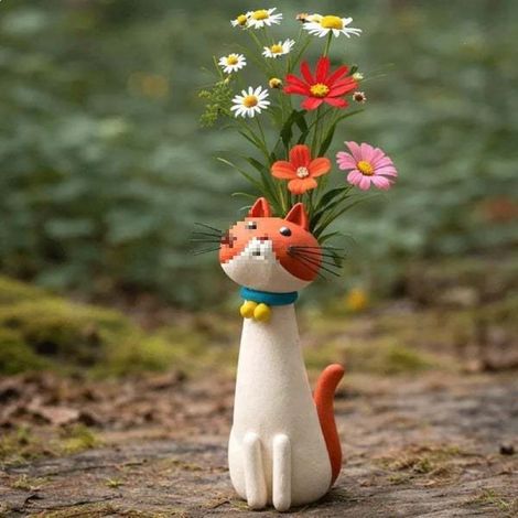 Vase artisanal original en forme de chat, de couleur orange.