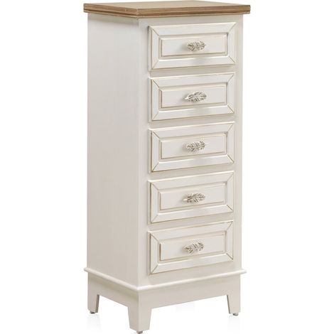 Commode bois blanc 5 tiroirs style feuille chic et authentique - Blanc effet bois vieilli et marron (1/4)