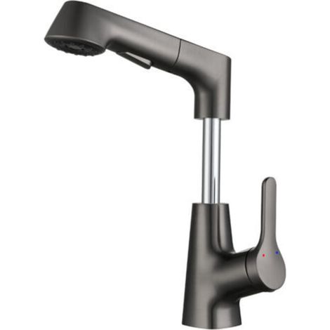 Robinet de lavabo de salle de bain avec pulvérisateur rétractable Robinet d'évier double mode chaud et froid Robinet de lavabo monotrou, gris bronze