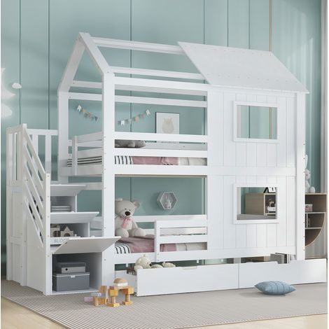 Lit superposé en bois 90x200 cm pour chambre enfant, avec escalier de rangement étagères tiroir à roulettes, blanc, lattes stables (1/4)