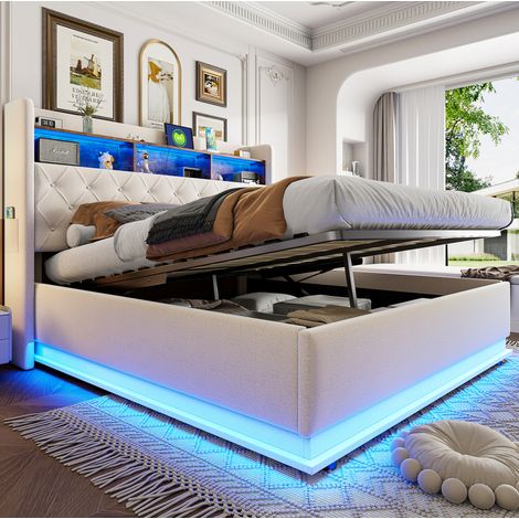 Polsterbett 180x200 cm Stoff beige mit LED und Stauraum für kleine Räume ohne Matratze – MEUBLIV (1/5)