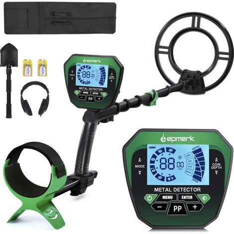 Metal detector for children and adults, high precision, with LCD screen, adjustable shaft, 4 modes, 10" search coil, gold, silver, coins, treasure hunting, green (1/5)