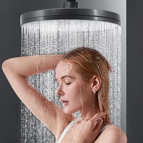 Pommeau de douche à effet pluie, pommeau de douche haute pression de 20,32 cm, en acier inoxydable 304, rond, avec 6 modes de débit réglables, convient pour les accessoires de douche mural/de plafond (1/5)