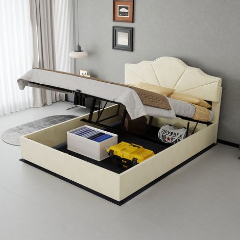 Lit moderne minimaliste moelleux, tête douce, 140 x 200 cm, beige, meuble chambre multifonction, coffre haut hydraulique (1/5)