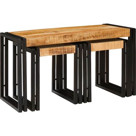 Table Gigogne 3 pcs Bois de mangue solide rugueux et un métal CFW354463 (1/5)