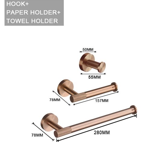 (Ensemble de 3 pièces A) Accessoires en or rose brossé : porte-brosse de toilette, porte-papier toilette, barre porte-serviettes, crochet de suspension, porte-savon (1/5)