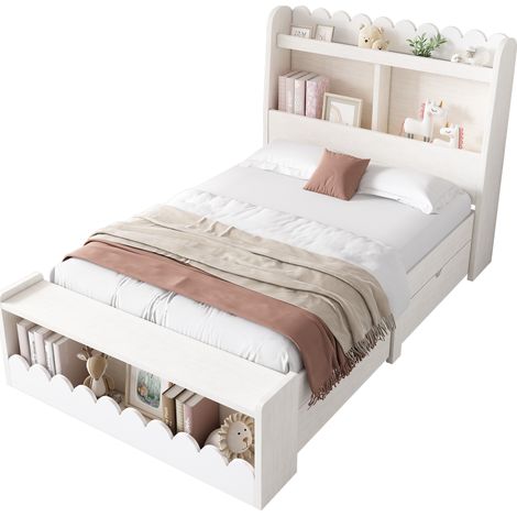 Kombi-Bett 90 x 200 cm aus Massivholz und MDF, Einzelbett mit 2 Schubladen und Regalen, Ohne Matratze, Weiß und Eiche (1/5)
