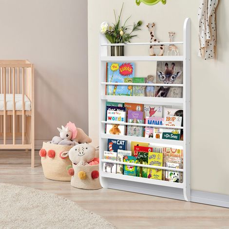 Kids Bookshelf Storage Wall Shelf4-Tier Book Shelf Display Rack Wooden Childrens Bookcase, Suitable for Children's Bedroom, Nursery, Playroom, White 116.5x60x 10CM