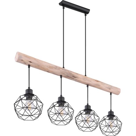 Globo – Plafonnier pendule vintage en bois – Abat-jour métal noir grillagé – Longueur 85 cm – 4x E27 max 60W – 154164 (1/8)