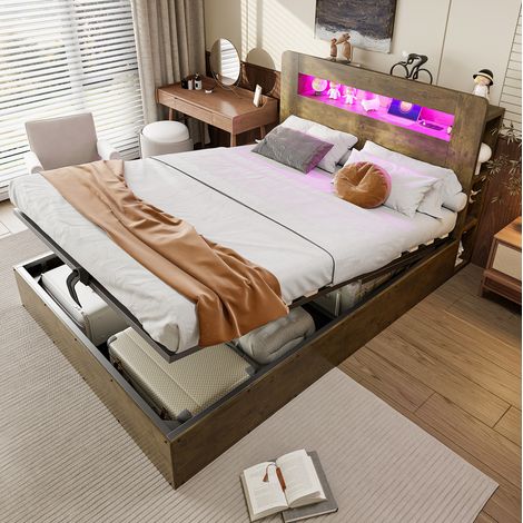 Letto contenitore 140x200 cm legno vintage con sollevamento idraulico, LED e prese integrate (1/5)