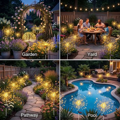 2 lampes solaires 120 LED feu d'artifice, 8 modes, pissenlit, jardin/terrasse/Noël.