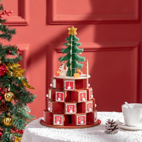 Weihnachtskegel-Adventskalender mit thematischen Motiven und 10 LED-Lichtern, 22 x 22 x 35 cm, Sperrholz, Rot, Grün und Gelb
