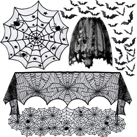 Lot de 5 décorations d'intérieur pour Halloween : nappe toile d'araignée + set de table crâne (1/5)