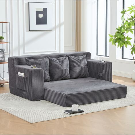 Canapé fixe 2 places modulaire en tissu gris 172 x 87 x 64 cm, rembourrage mousse, accoudoirs avec 2 porte-gobelets et poches latérales – de FLORAGRACE (1/5)