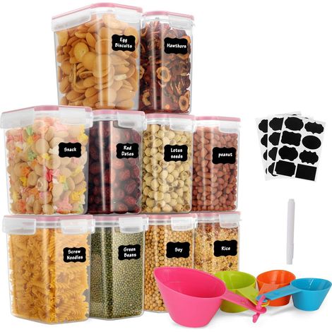 MINKUROW Confezione Da 10 Barattoli Da 1,6 Litri, Contenitori Ermetici In Plastica Con Coperchi, Barattoli Per Conservare Noodles, Cereali, Riso, Farina E Cibo Per Animali Domestici (Rosa) (1/5)