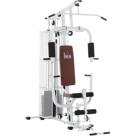 Gimnasio, multigimnasio, centro de fitness, equipamiento de fitness que incluye pesas, polea alta, máquina de curl de piernas, metal, cuero sintético, blanco, 150 x 110 x 210 cm, en el lugar (1/5)