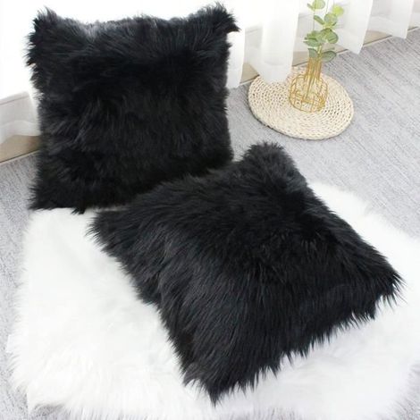 2 Kissenbezüge mit Langhaar-Fell für Sofa, schwarzer Plüsch, 45 x 45 cm, mehrfarbig.