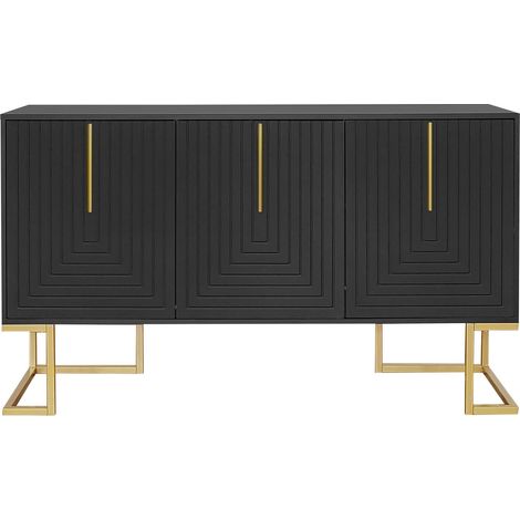 Buffet moderne à 3 portes avec étagères réglables, portes d'armoire en forme de U, poignées et base en métal pour salle à manger et cuisine (noir) (1/5)