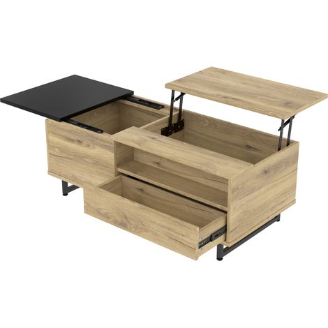 Table basse relevable avec LED, tiroir, niches et rangement dissimulé, plateau ajustable pour petit salon, structure métal, bois clair, CHICFURN (1/5)