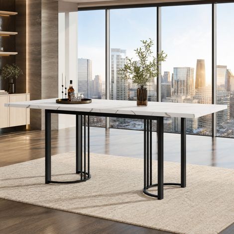 Mesa de comedor extensible 140-179,5 x 80 cm, MDF blanco y metal negro HAVRYA (1/5)