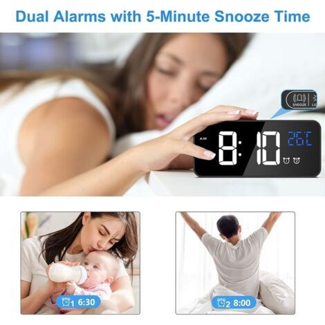 Sveglia digitale, orologio digitale a LED, sveglia digitale con funzione temperatura/snooze/2 sveglie/12/24 ore/porta di ricarica USB/16 brani musicali (nero) (1/4)