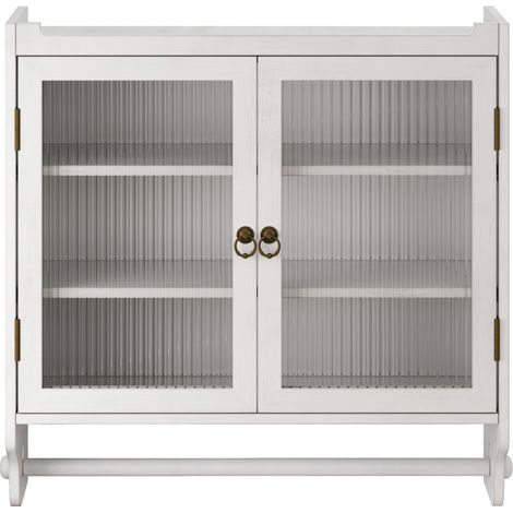 Armario de pared vintage con 2 puertas de vidrio, 3 baldas y toallero, blanco envejecido (1/5)