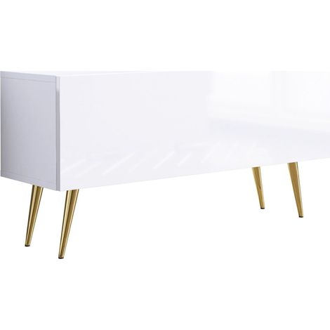 Meuble TV, Blanc Mat / Blanc Brillant, pieds dorées, 100 × 52 × 32 cm (1/5)