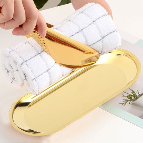 Plateau de rangement ovale nordique en acier inoxydable, idéal pour les serviettes, les en-cas, les cosmétiques et les bijoux (doré). (1/5)