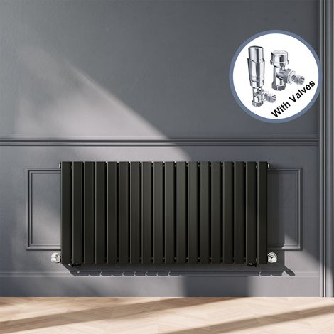ELEGANT Black Designer Horizontal Radiator Double Panel Rads 600 x 1224mm with Chrome Angled Thermostatic Radiator Valves (1/5)