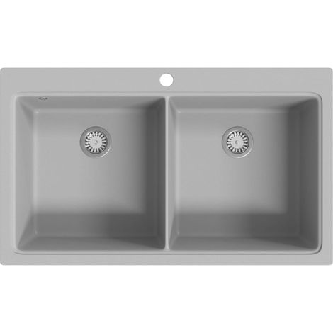 Évier de cuisine encastrable à 2 bacs Evier 2 bacs en granite blanc gris (1/3)