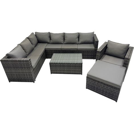 Fimous Outdoor Rattan Rectangular Coffee Table Corner Sofa Sets Garden Furniture Set with Big Stool Dark Grey Mixed (1/5)
