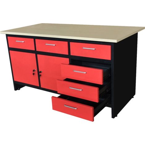 banco da lavoro con cassetti e ante essenza in acciaio 150x75x80 cm