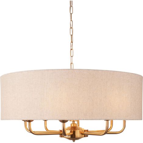 Sospensione 8 luci ottone vintage paralume lino E14 (1/5)
