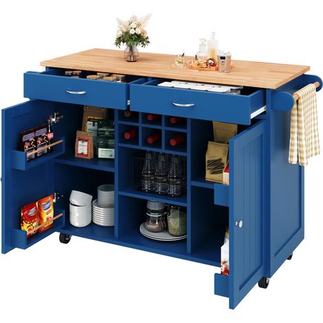 Îlot de cuisine bleu sur roulettes, desserte multifonction 102 x 45 x 92 cm en MDF et métal avec rangements (1/5)