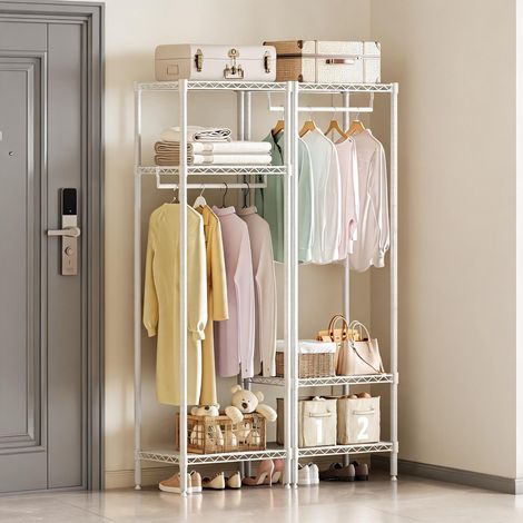Portant à vêtements compact et robuste – 3 niveaux réglables, grand capacité 310 kg, idéal petits espaces, armoire autoportante pour chambre ou coin – Blanc, mini format 1 tringle, coloris blanc, mini (1/5)