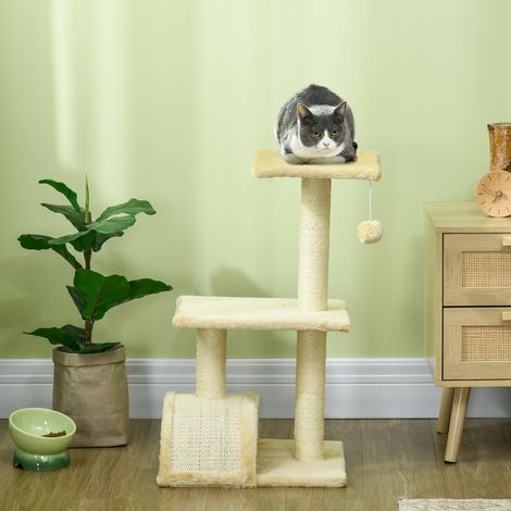 Tiragraffi per gatti, albero da arrampicata, palo per graffiare, alto 72 cm, con sfera pendente, color crema.