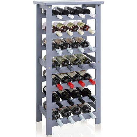 Étagère à vin en Bambou, Support d'affichage de 28 Bouteilles avec Plateau de Table, étagères de Rangement sur Pied à 7 Niveaux pour Cuisine, Garde-Manger, Cave, Bar (Gris) (1/5)