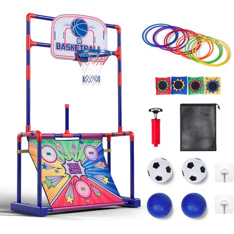 Todeco – Panier de basket enfants 4 en 1 – Score LED – Hauteur 120cm – 4 jeux : basketball, football, lancer d'anneaux, sacs de fèves (1/5)
