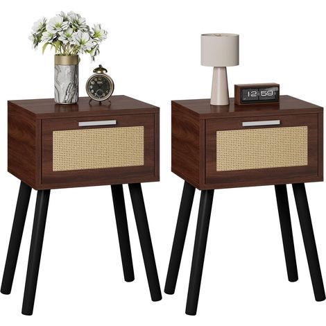 Lot de 2 Tables de Chevet, Table D'appoint avec Rangement, Pieds en Bois, Décorés à La Main en Rotin, Tiroir Magnétique, 35x27x53 cm, pour Chambre à Coucher, Salon, Noyer HST010LW-2 (1/5)